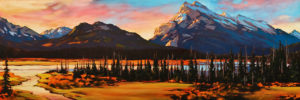 SOLD "Mt. Rundle at Dawn," by David Langevin 16 x 48 - oil $2700 (panel with 1 1/2" edges)