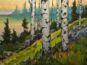 SOLD "Boya Lake Morning," by Graeme Shaw 36 x 48 - oil $4900 (artwork continues onto edges of wide canvas wrap)