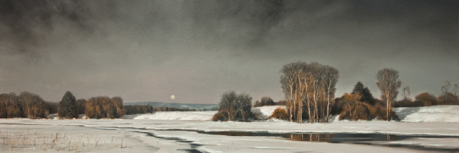 SOLD "Thawing of the Lowlands" 10 x 30 - oil $3360 in custom show frame