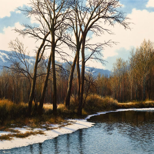 "First Day of Spring," by Merv Brandel 30 x 30 - oil $5075 (artwork continues onto edges of wide canvas wrap)