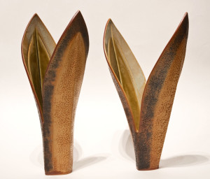 SOLD Double-leaf vases (LR-148, LR-149) by Laurie Rolland hand-built ceramic - each 14" (H) $180 each