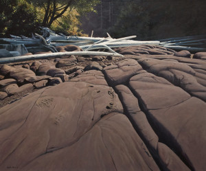 SOLD "Bench Rock, Mayne Island," by Keith Hiscock 30 x 36 - oil $6800 (thick canvas wrap without frame)