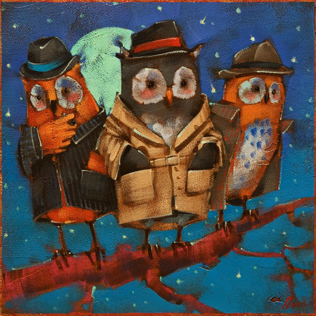 SOLD "Wise Guys" by Angie Rees 8 x 8 - acrylic $375 (unframed panel with 1 1/2" edging)