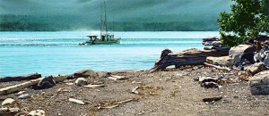 "Fish Boat off Kuper Island," by Carol Evans 15 x 35 - Giclée on paper (edition size of 295) - $495 Unframed 15 x 35 - Giclée on canvas (edition size of 100) - $675 Unframed