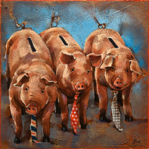 SOLD "Investment Bankers" by Angie Rees 8 x 8 - acrylic $375 (unframed panel with 1 1/2" edging)