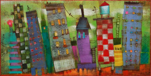SOLD "Itty Bitty City: Limeade Sky" by Angie Rees 6 x 12 - acrylic $400 (unframed panel with 1 1/2" edging)