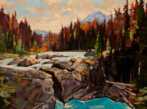 SOLD "Mountain and River" by Min Ma 6 x 8 - acrylic $590 Unframed $740 in show frame