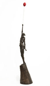 "The Undeniable Bravery of Your Average Balloonist," by Michael Hermesh 35" (H) plus balloon x 8" (L) x 8" (W) - bronze Edition of 9 $8000