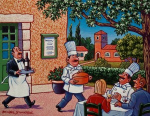 SOLD "Chef Fernand Lefrog Treats His Friends" by Michael Stockdale 8 x 10 - acrylic $400 Unframed $500 in show frame