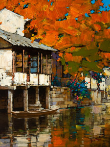 SOLD "Fall in Town" by Min Ma 9 x 12 - acrylic $980 Unframed $1200 in show frame