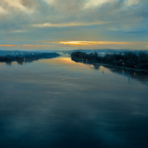 SOLD "Fraser River Under a Blue Veil" by Renato Muccillo 11 x 11 - oil $2700 in show frame