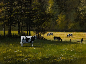 SOLD "Holsteins" by Bill Saunders 6 x 8 - acrylic $500 Unframed $685 in show frame