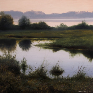 SOLD "Crescent Beach Lagoon," by Renato Muccillo 5 x 5 - oil on mylar $1150 in show frame