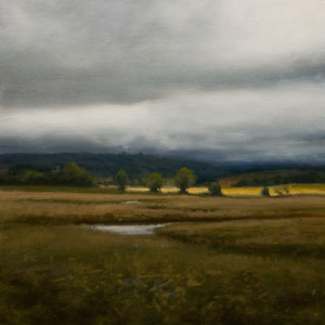 SOLD "Illuminated Valley - Study," by Renato Muccillo 5 x 5 - oil on mounted panel $1190 in show frame