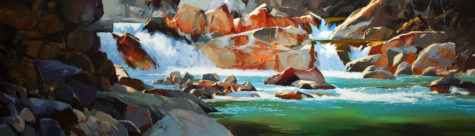 SOLD "Ashula River Splash," by Mike Svob 24 x 84 - acrylic $10,825 in show frame $9900 as thick canvas wrap without frame