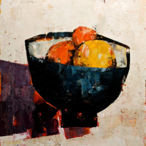 SOLD "Bowl of Fruit, Purple Shade," by Constance Bachmann 14 x 14 - acrylic $1200 (thick canvas wrap without frame) $1320 in show frame