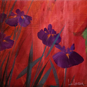 SOLD "Irises in Red I," by Don Li-Leger 9 1/4 x 9 1/4 - acrylic $650 as thick canvas wrap without frame $760 in show frame