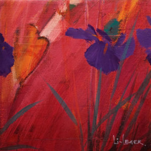 SOLD "Irises in Red II," by Don Li-Leger 9 1/4 x 9 1/4 - acrylic $650 as thick canvas wrap without frame $760 in show frame