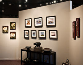 paintings by (left to right) Linda Thompson, Deborah Tilby, Linda Thompson ceramic bowls by Laurie Rolland; sculpture (left to right) by Marilyn Armitage, Nicola Prinsen, Helene Labrie