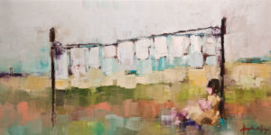 SOLD "Study: the day the laundry got the better of me," by Angela Morgan 12 x 24 - oil $1000 (thick canvas wrap without frame)