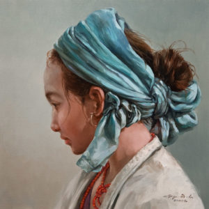 SOLD "Teal Scarf," by Donna Zhang 12 x 12 - oil $1220 Unframed $1530 in show frame