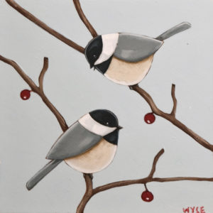 SOLD "Chickadees I," by Peter Wyse 8 x 8 - acrylic on birch $385 (unframed panel with 1 1/2" edging)