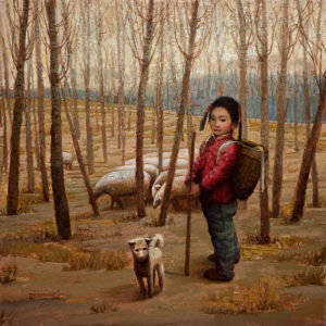 SOLD "Lan-Lan Tending Her Flock (Northern China)," by Dongmin Lai 12 x 12 - oil $1335 Unframed $1550 in show frame