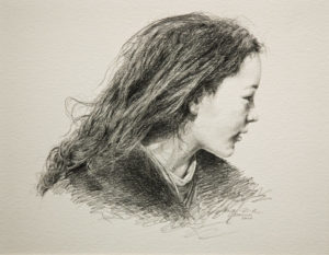 SOLD
"Looking Away," by Donna Zhang
9 1/2 x 12 – pencil drawing
$1240 Custom framed