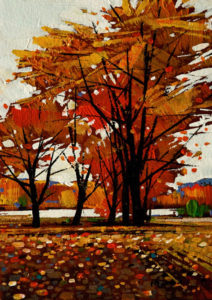 SOLD "Red Trees," by Min Ma 5 x 7 - acrylic $390 Unframed $535 in show frame