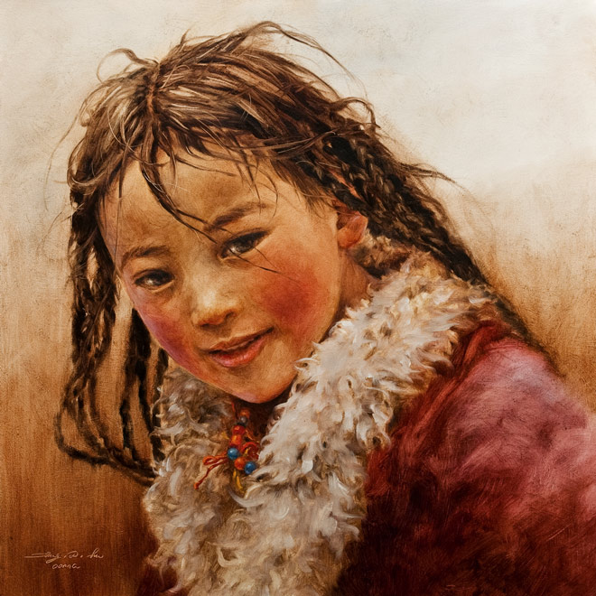 SOLD ``Tibetan Sweet Girl,`` by Donna Zhang 24 x 24 - oil $4300 Unframed