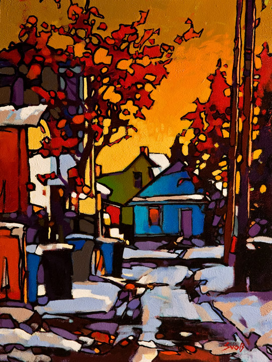 SOLD ``Winter Warmth, Calgary,`` by Mike Svob 12 x 16 - acrylic $1265 Unframed