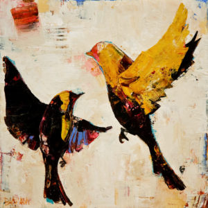 SOLD "Yellow Finch," by Constance Bachmann 8 x 8 - acrylic $470 as thick linen wrap without frame $570 in show frame