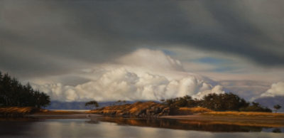 SOLD "Breaking Storm Over the Lagoon," by Ray Ward 18 x 36 - oil $2460 in show frame $2370 in standard frame