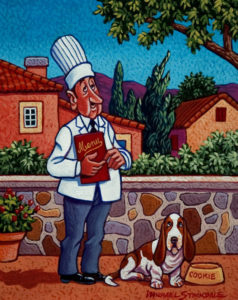 SOLD "Chef Henri and His Dog Cookie," by Michael Stockdale 8 x 10 - acrylic $370 (thick canvas wrap without frame)