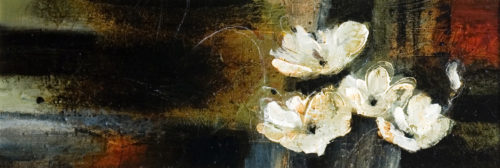 SOLD "Floating Flowers," by Susan Flaig 14 x 40 - acrylic/mixed media/graphite $1560 in show frame $1540 in standard frame
