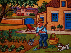 SOLD "Monsieur Champignon in His Garden," by Michael Stockdale 6 x 8 - acrylic $280 Unframed $360 with Show frame
