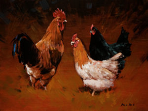 SOLD "Three Chickens," by Min Ma 9 x 12 - acrylic $935 in show frame $915 in standard frame