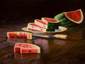 SOLD "Watermelon Man," by Larry Bracegirdle 6 x 8 - oil $620 Custom framed $450 Unframed