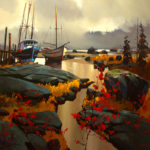 SOLD "Two Boats at Skidegate" by Michael O'Toole 48 x 48 - acrylic $6040 Framed ($7850 with custom show frame)