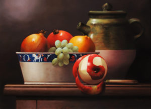  SOLD
"Green Teapot with Bowl of Fruit"
by Victor Santos
12 x 16 – oil
$1470 Framed