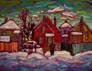 SOLD "Warm Neighbourliness in Strathcona #2" 11 x 14 - oil $770 with custom show frame $750 standard frame