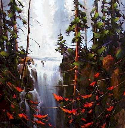 SOLD "Falls at Nakusp" by Michael O'Toole 36 x 36 - acrylic $2575 Framed