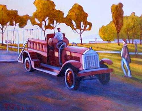SOLD "Fire Engine, Stanley Park" by Niels Petersen 8 x 10 - oil $425 Framed