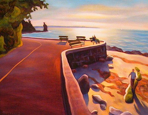SOLD "Four Benches, Stanley Park Seawall, Vancouver" 14 x 18 - oil $925 Framed