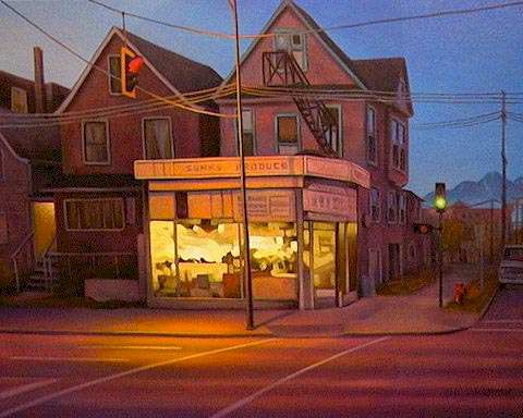 SOLD "Night Grocery, East Hastings St., Vancouver" by Niels Petersen 24 x 30 - oil $1450 Framed