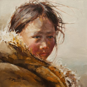 SOLD "Hugged by the Warm Coat," by Donna Zhang 12 x 12 - oil $1220 Unframed $1600 in show frame