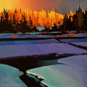 SOLD "Last Breaklight on Gold Larches," by Michael O'Toole 10 x 10 - acrylic $685 Unframed $880 in show frame