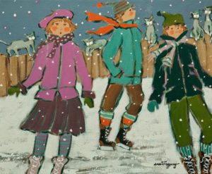 SOLD "Trio sur la patinoire," by Claudette Castonguay 10 x 12 - acrylic $370 Unframed $460 in show frame