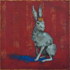 SOLD "Hare to the Throne" by Angie Rees 8 x 8 - acrylic $425 (unframed panel with 1 1/2" edges)