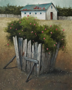 SOLD "Wild Roses in the Old Feed Crib" by Mark Fletcher 8 x 10 - acrylic $550 Unframed $760 in show frame